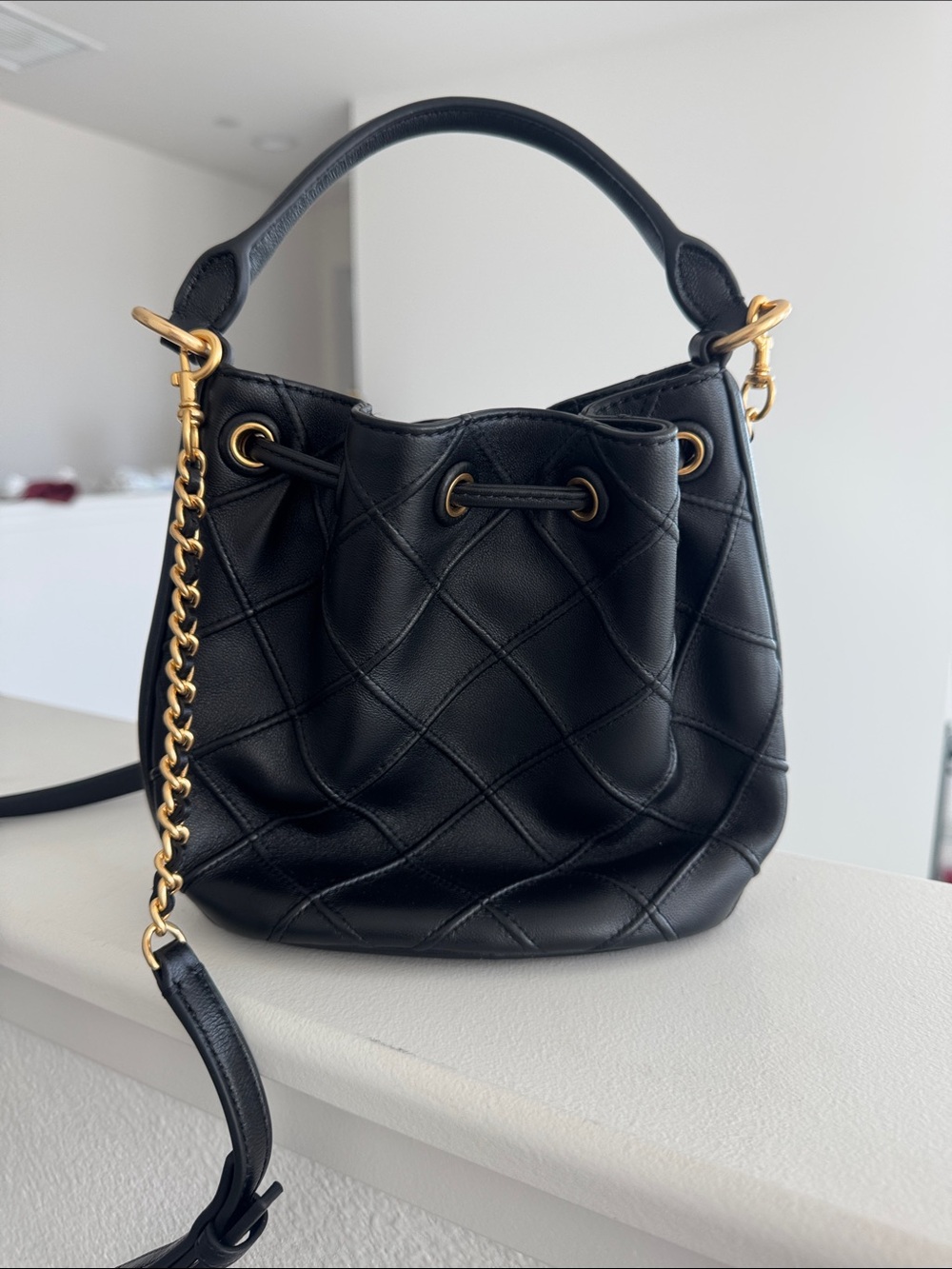 Tory Burch Black Quilted Leather Mini Drawstring Bucket Bag with Gold Hardware - Picture 4 of 5